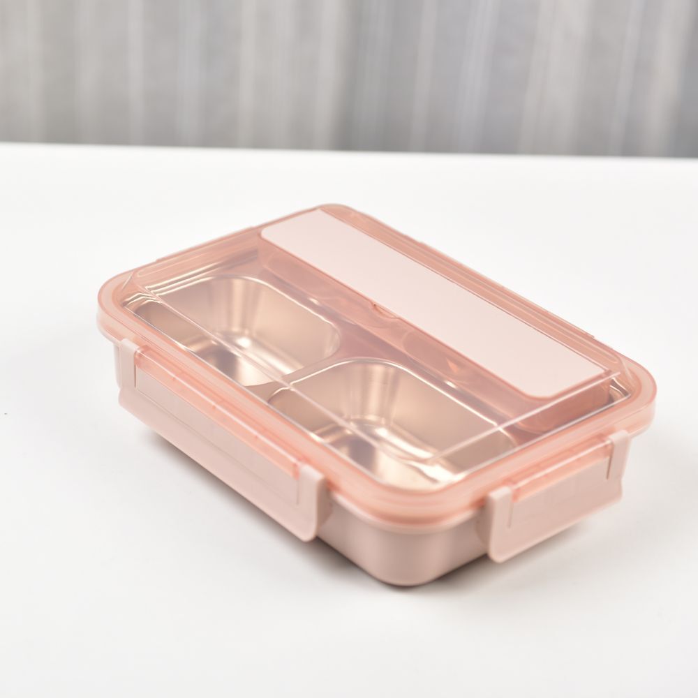 Kylin 304 Stainless Steel 4 Divided Simple Lunch Box with a cultery set - Pink Secondary image