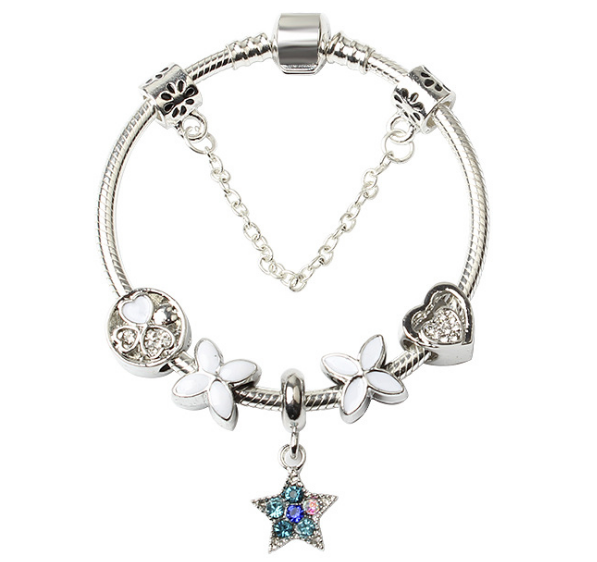Women Silver Plated Bracelet Snake Chain with Classic Bead Barrel Clasp and Blue Star Pendant(19cm) Main image