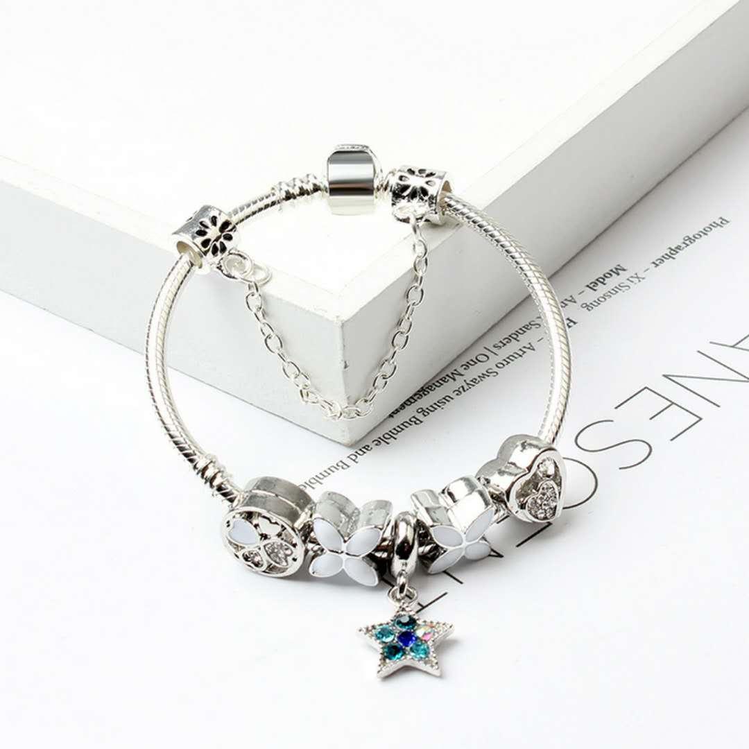 Women Silver Plated Bracelet Snake Chain with Classic Bead Barrel Clasp and Blue Star Pendant(19cm) Secondary image