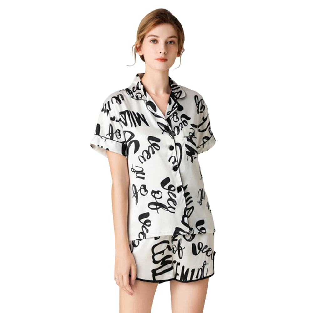 Woman Sleepwear Home Wear Short Sleeve Sweet Girl White Text Casual Pajamas (M Size) Main image