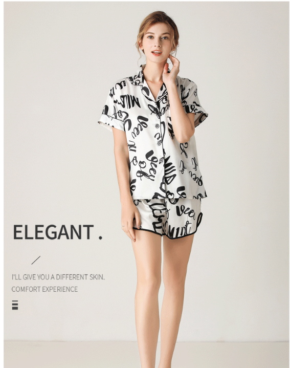 Woman Sleepwear Home Wear Short Sleeve Sweet Girl White Text Casual Pajamas (XL Size) Secondary image