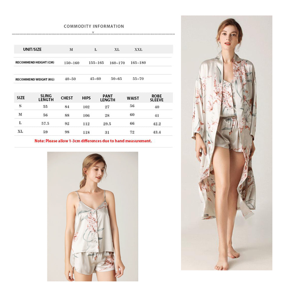 3 Pcs Set Woman Elegant Nightdress Silk Satin Summer Sleepwear Pajamas (M Size) Secondary image