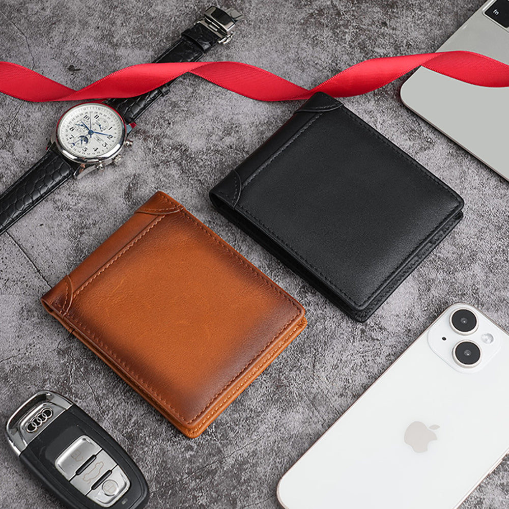 100% Genuine Leather Men's Wallet RFID Blocking Card Holder Bifold and Long Wallets (Brown Bifold Horizontal) Secondary image