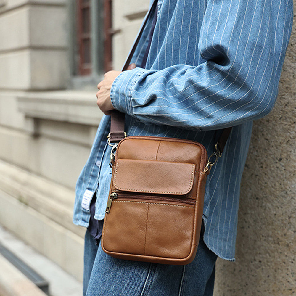 Genuine leather men's crossbody bag oiled wax leather Satchel Crossbody Bag (Brown) Secondary image