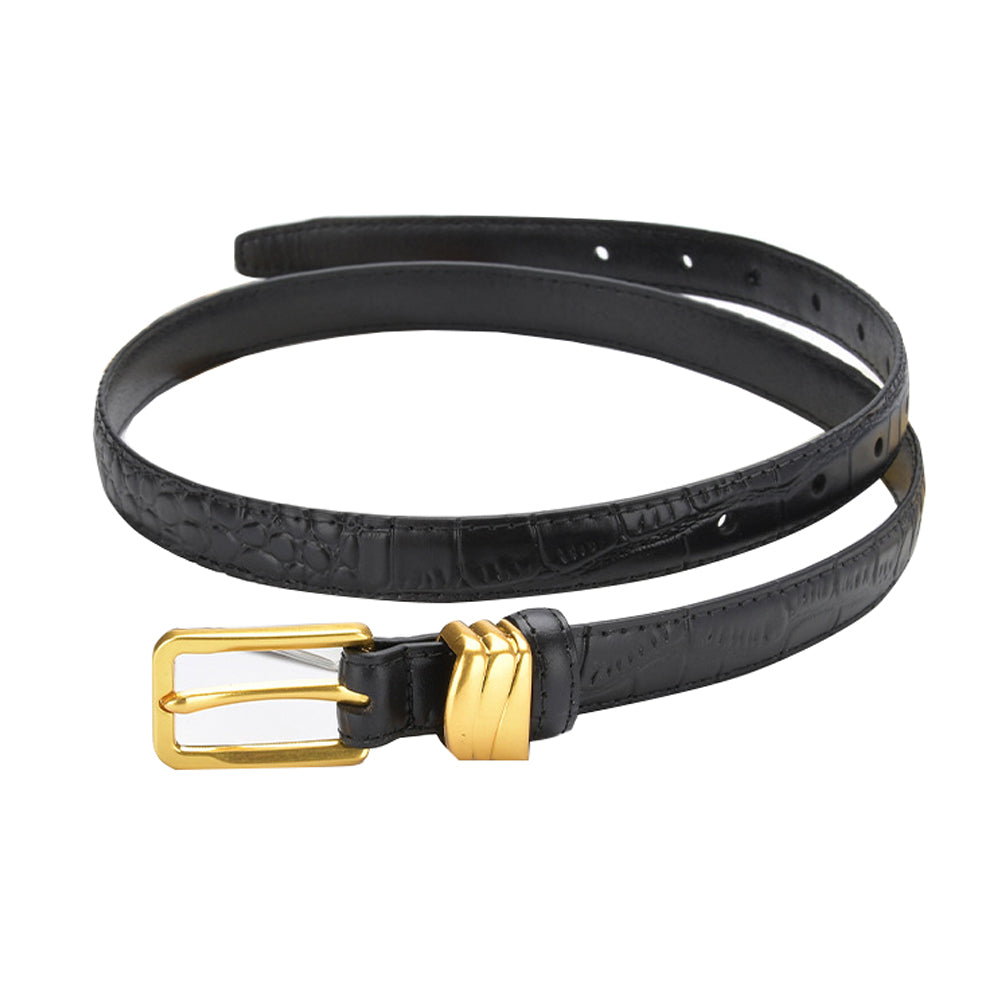 Genuine leather with Crocodile pattern pin buckle thin belt jeans belt for women (Black) Main image