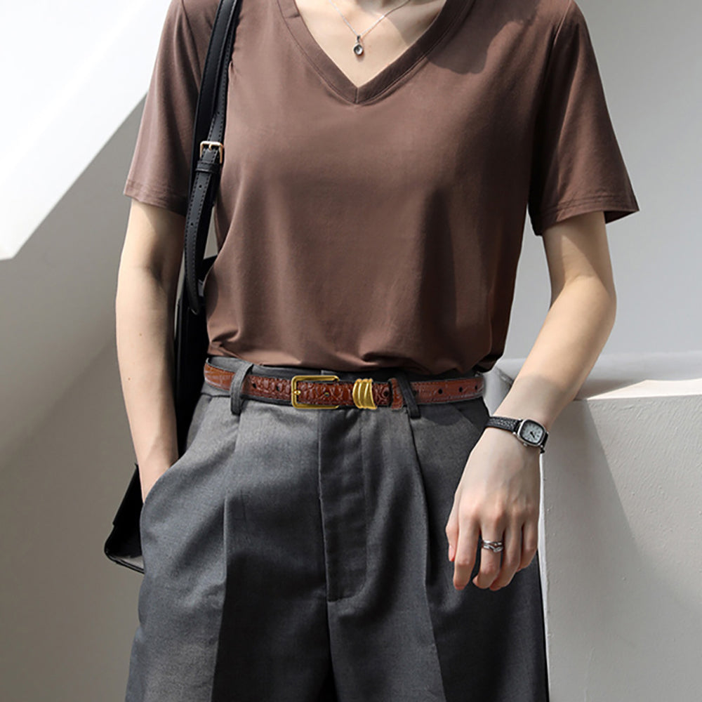 Genuine leather with Crocodile pattern pin buckle thin belt jeans belt for women (Dark Brown) Secondary image