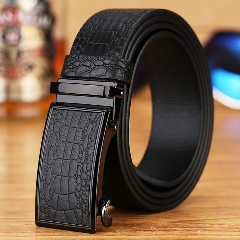 Genuine Cowhide Embossed with Crocodile Pattern Belt  Luxury Business Automatic Belts (Black) Secondary image