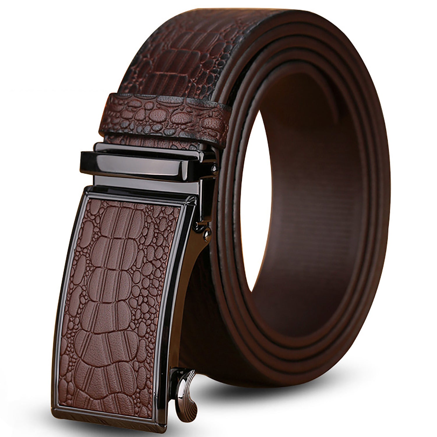 Genuine Cowhide Embossed with Crocodile Pattern Belt  Luxury Business Automatic Belts (Brown) Main image