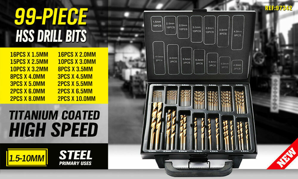 99Pc Drills Set HSS Titanium Coated Wood Plastic Metal Metric 1.5-10mm With Case Secondary image