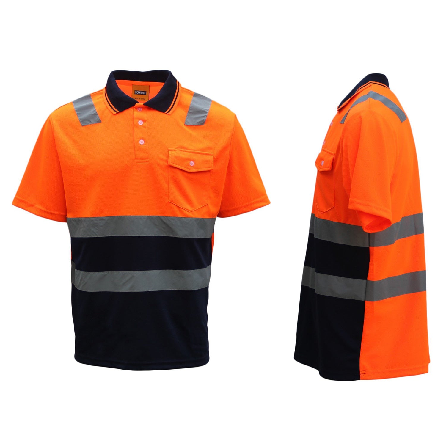 HI VIS Short Sleeve Workwear Shirt w Reflective Tape Cool Dry Safety Polo 2 Tone, Fluoro Orange / Navy, S Secondary image