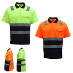 HI VIS Short Sleeve Workwear Shirt w Reflective Tape Cool Dry Safety Polo 2 Tone, Fluoro Orange / Navy, L