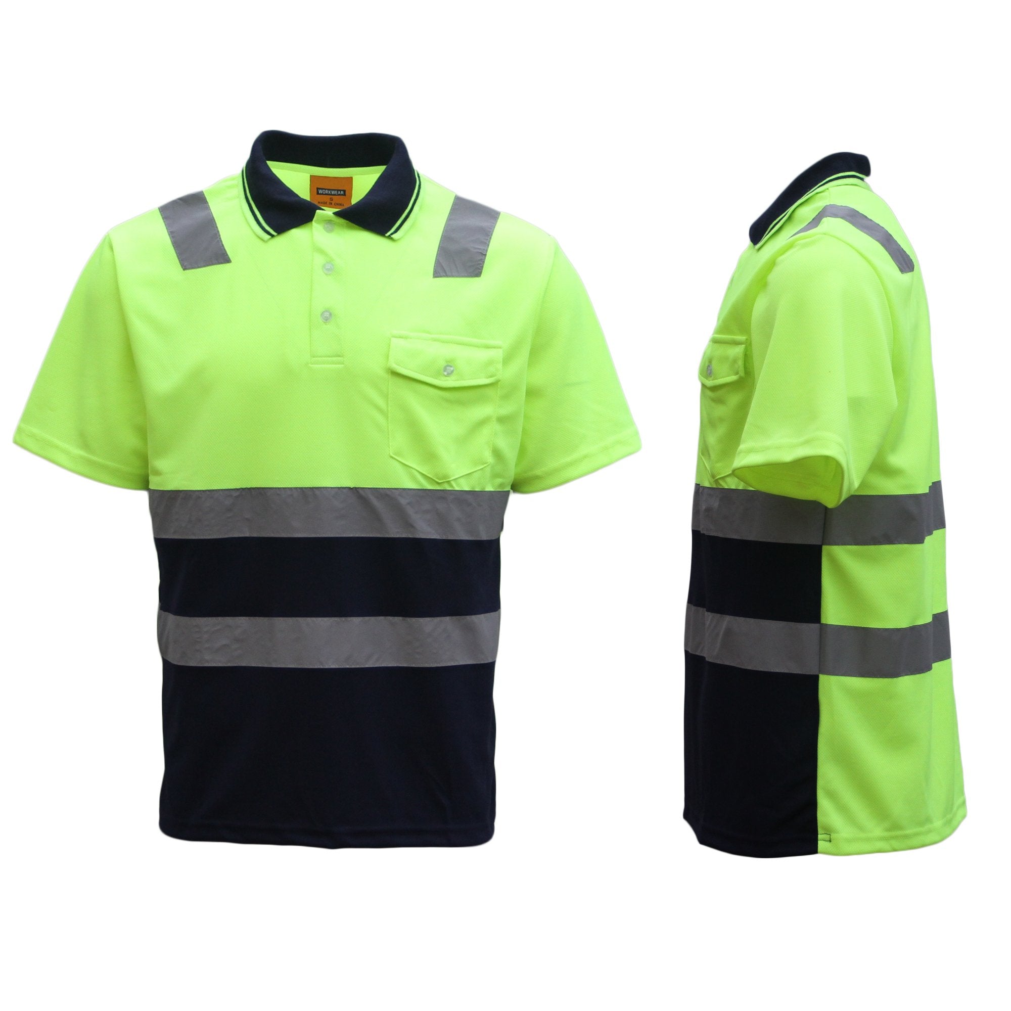 HI VIS Short Sleeve Workwear Shirt w Reflective Tape Cool Dry Safety Polo 2 Tone, Fluoro Yellow / Navy, M Main image
