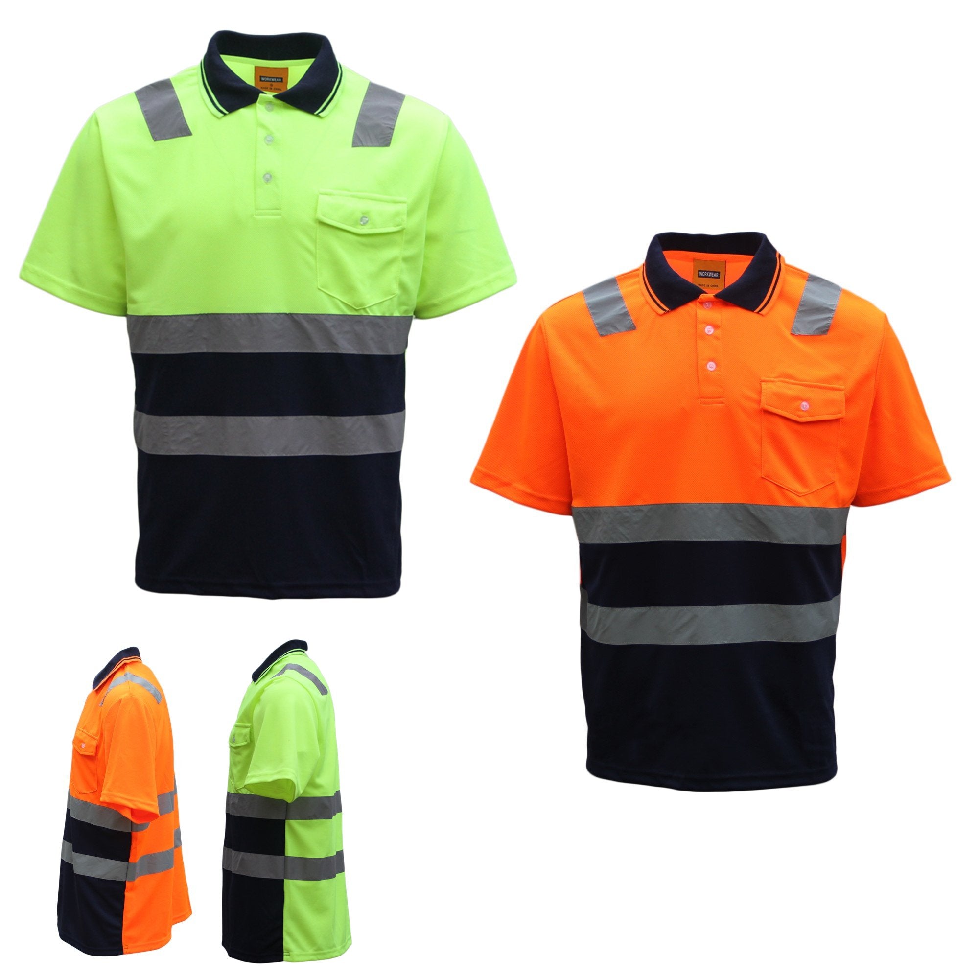 HI VIS Short Sleeve Workwear Shirt w Reflective Tape Cool Dry Safety Polo 2 Tone, Fluoro Yellow / Navy, L Secondary image
