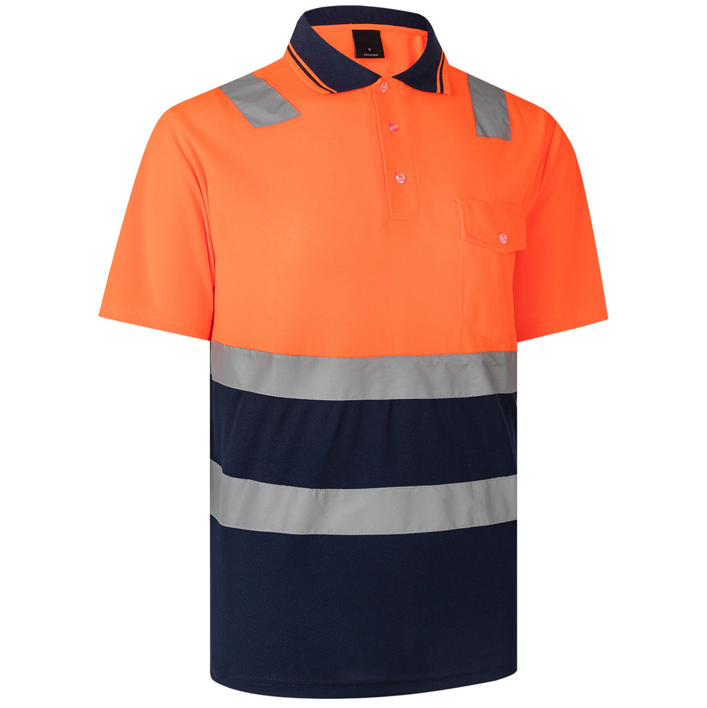 HI VIS Short Sleeve Workwear Shirt w Reflective Tape Cool Dry Safety Polo 2 Tone, Fluoro Yellow / Navy, XL