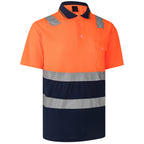 HI VIS Short Sleeve Workwear Shirt w Reflective Tape Cool Dry Safety Polo 2 Tone, Fluoro Yellow / Navy, XL