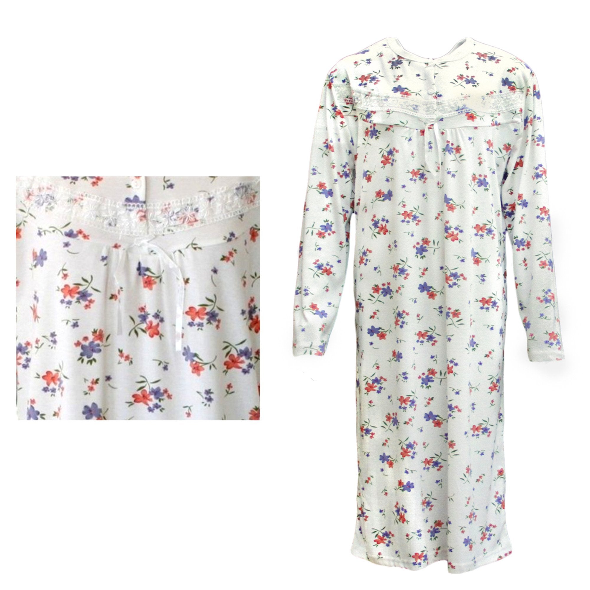 100% Cotton Women Nightie Night Gown Pajamas Pyjamas Winter Sleepwear PJs Dress, Red & Purple Flowers, 18 Main image