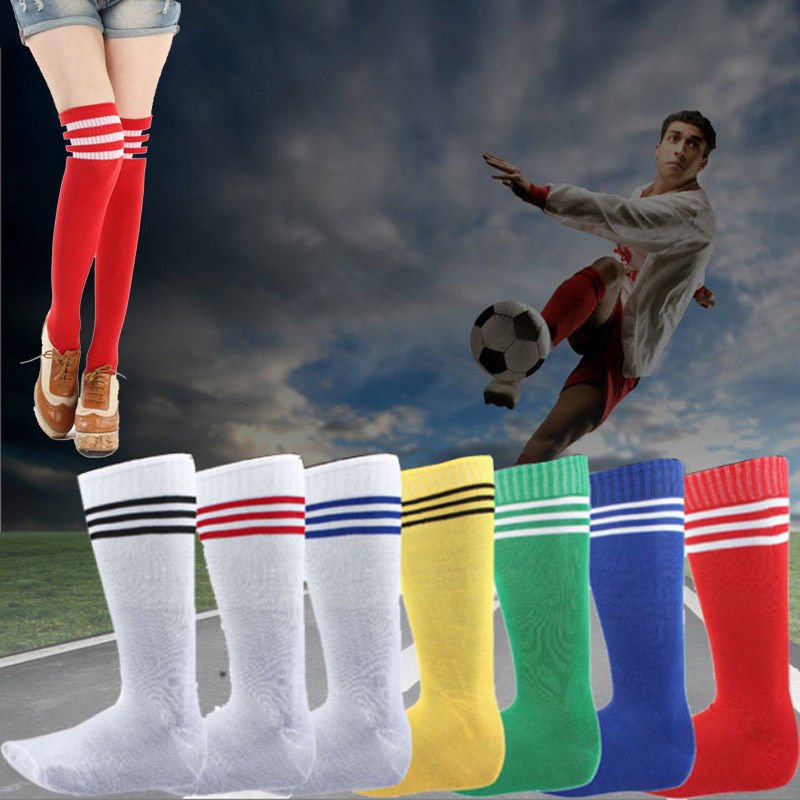 Mens Womens Sports Breathable Tube Long High Socks Knee Warm Casual Footy Soccer, White w Blue Stripes Secondary image