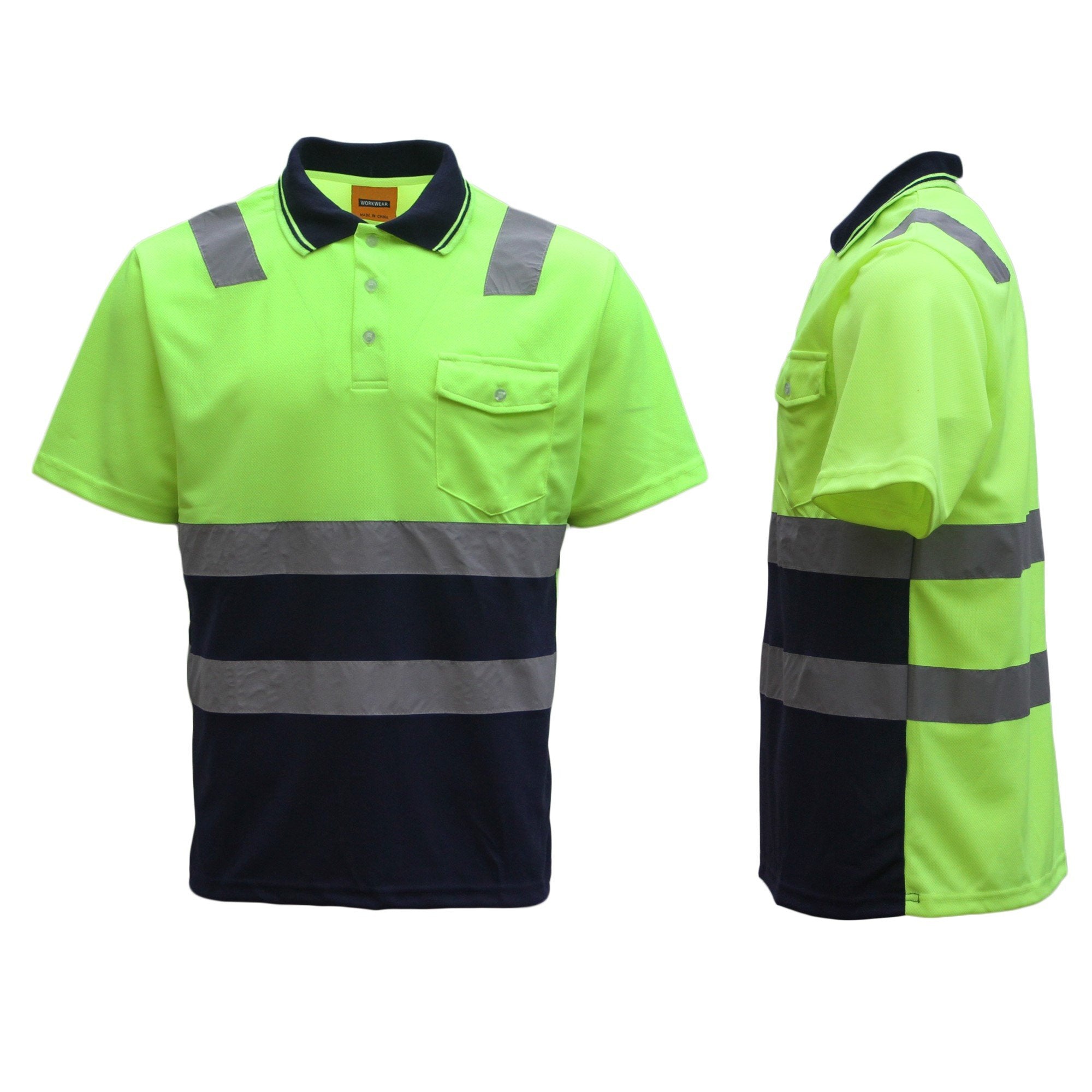 HI VIS Short Sleeve Workwear Shirt w Reflective Tape Cool Dry Safety Polo 2 Tone, Fluoro Yellow / Navy, 3XL Main image