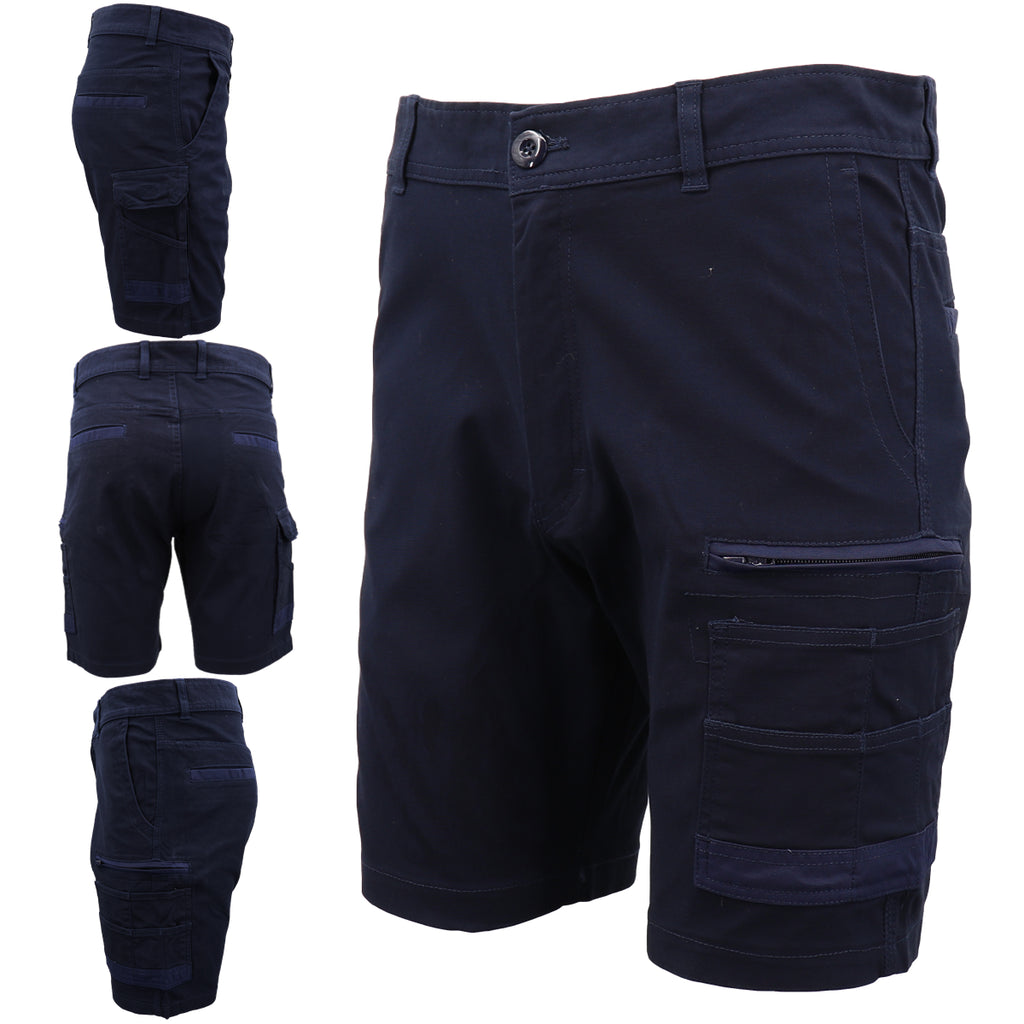 Mens Cargo Cotton Drill Work Shorts UPF 50+ 13 Pockets Tradies Workwear Trousers, Black, 30