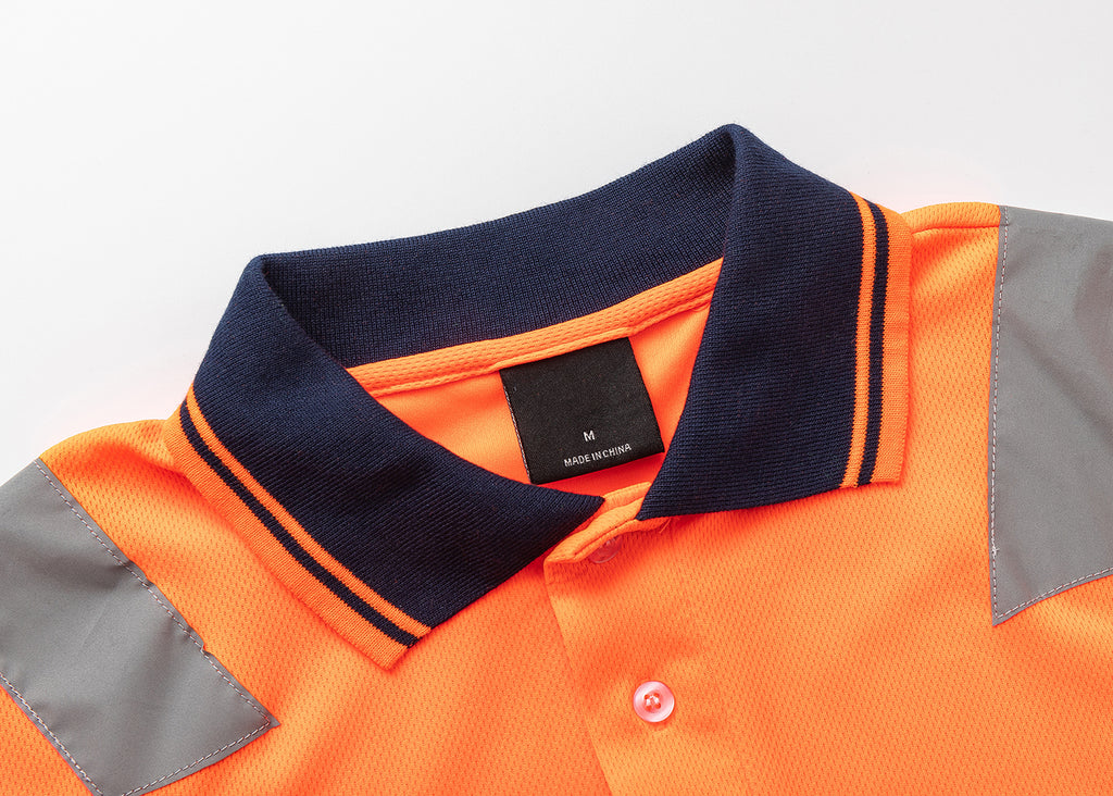 HI VIS Short Sleeve Workwear Shirt w Reflective Tape Cool Dry Safety Polo 2 Tone, Fluoro Orange / Navy, 4XL