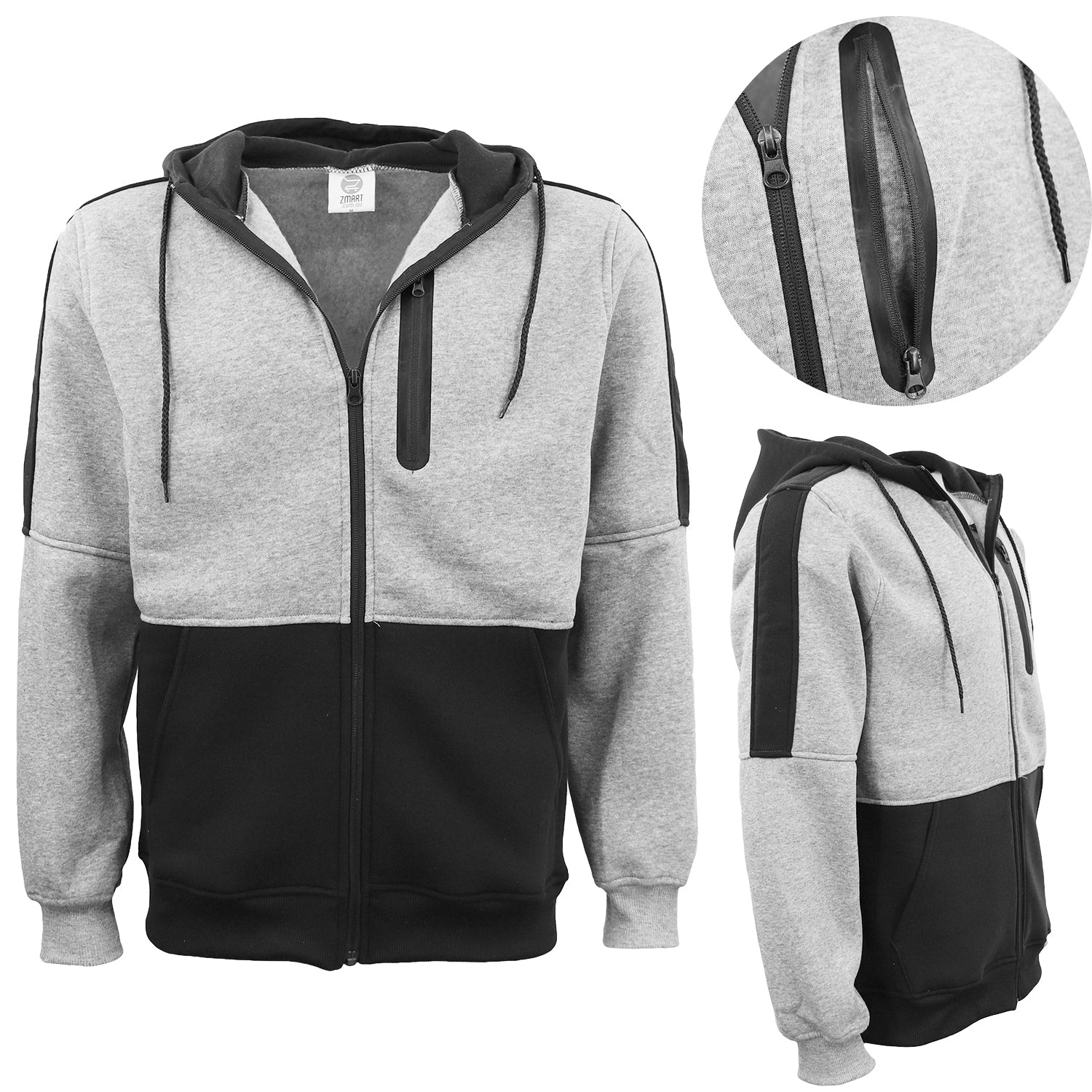 Men's Adult Full Zip Hoodie Jumper Active Two-Tone Jacket Coat Sports Zip Pocket, Black, XL Main image