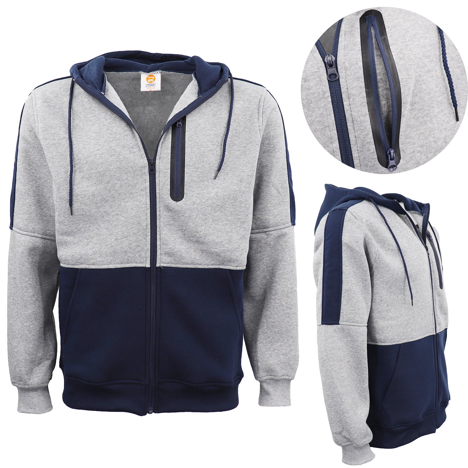 Men's Adult Full Zip Hoodie Jumper Active Two-Tone Jacket Coat Sports Zip Pocket, Navy, 2XL Main image