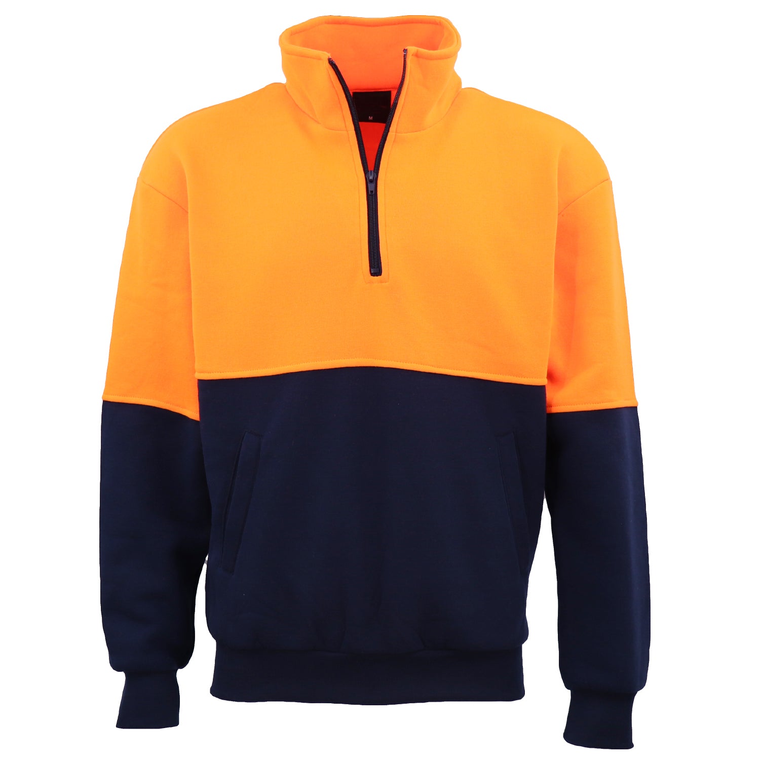 Hi Vis Safety Fleecy Half Zip Pullover Jumper Jacket Sweater Shirts Workwear, Fluro Orange / Navy, 3XL Main image