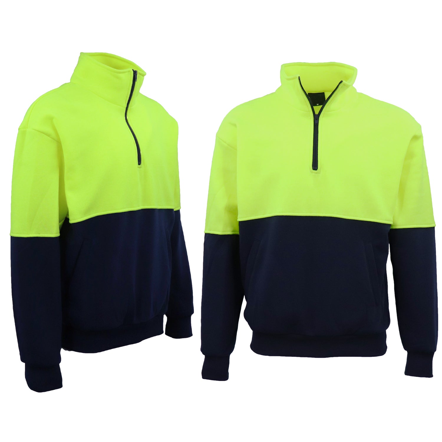 Hi Vis Safety Fleecy Half Zip Pullover Jumper Jacket Sweater Shirts Workwear, Fluro Yellow / Navy, S Main image