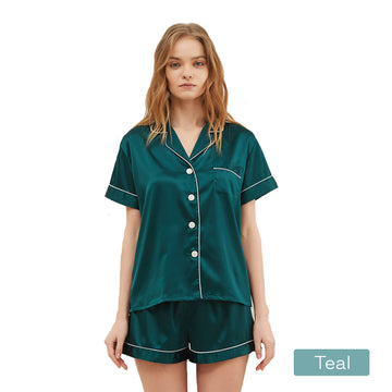 2pc satin short women pajamas set large teal Main image