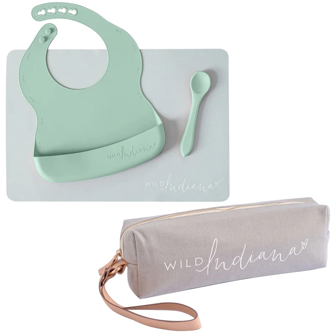 LIFEBEA WILD INDIANA Eating-out Comfy Silicone Baby Bib set for babies & Toddlers(10-72 Months) Waterproof baby fedding including Waterproof carry case (Sage) Main image