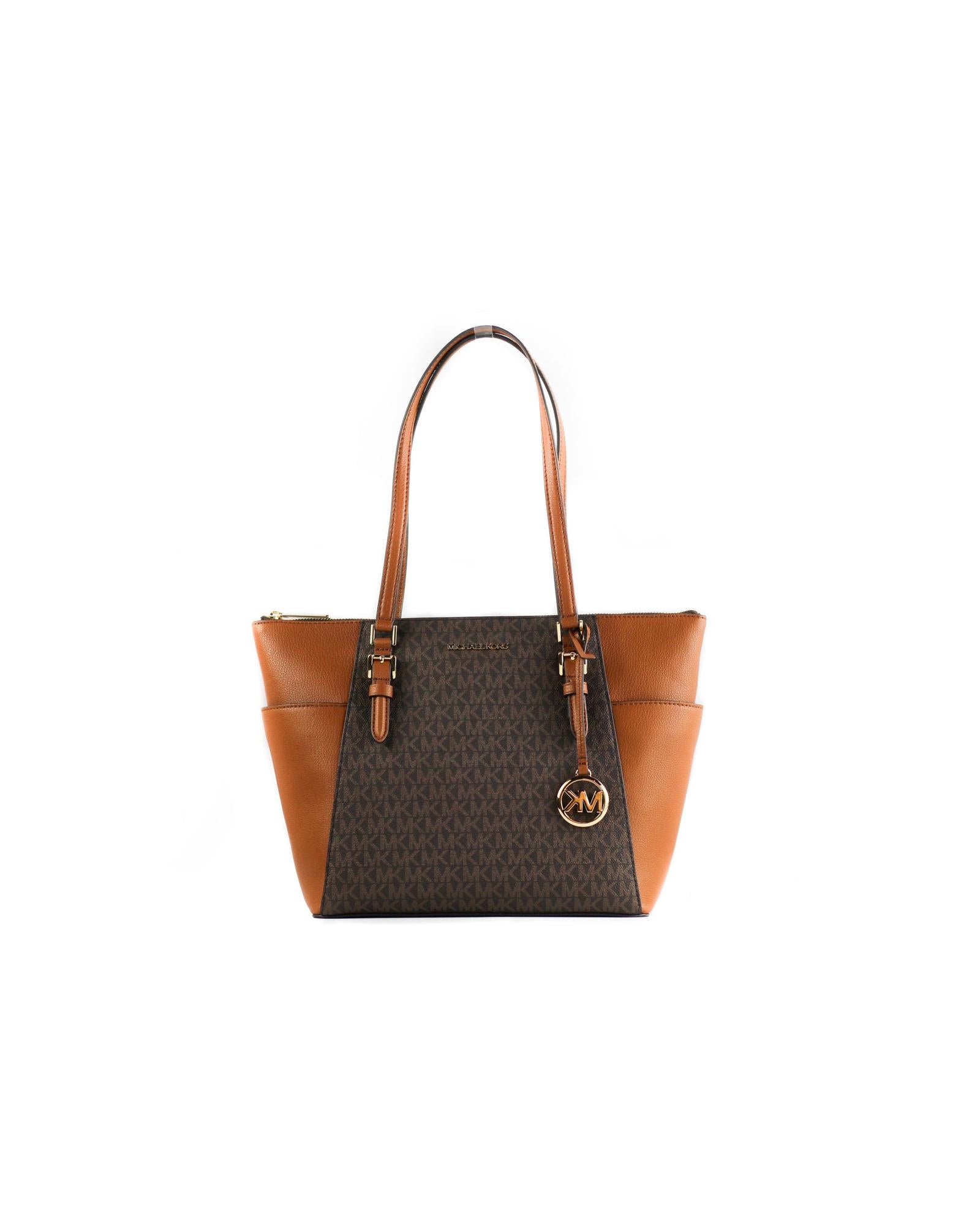 Michael Kors Women's Charlotte Signature Leather Large Top Zip Tote Handbag Bag (Brown) - One Size Main image
