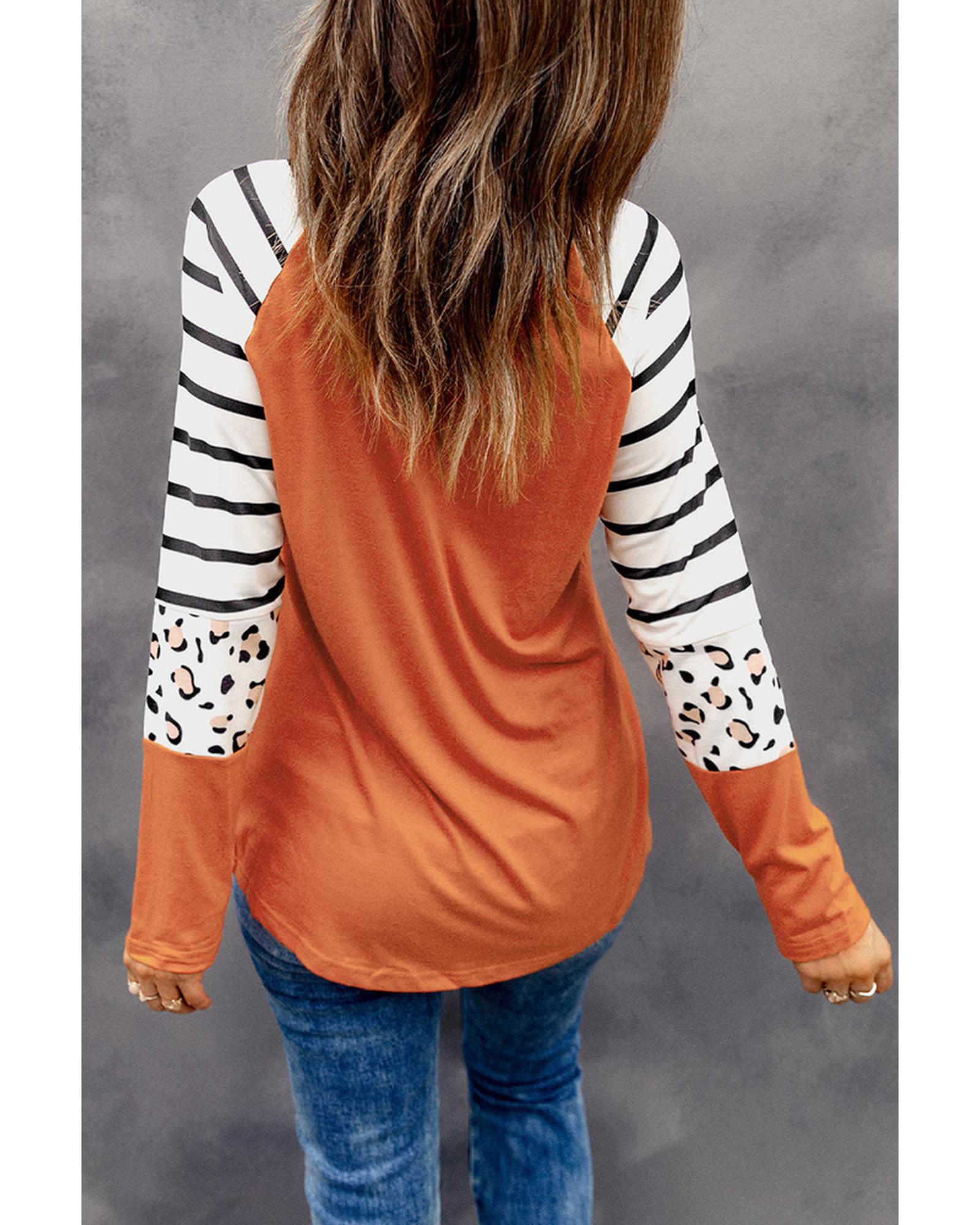 Azura Exchange Animal Print Long Sleeve Top with Striped Colorblock - M Secondary image