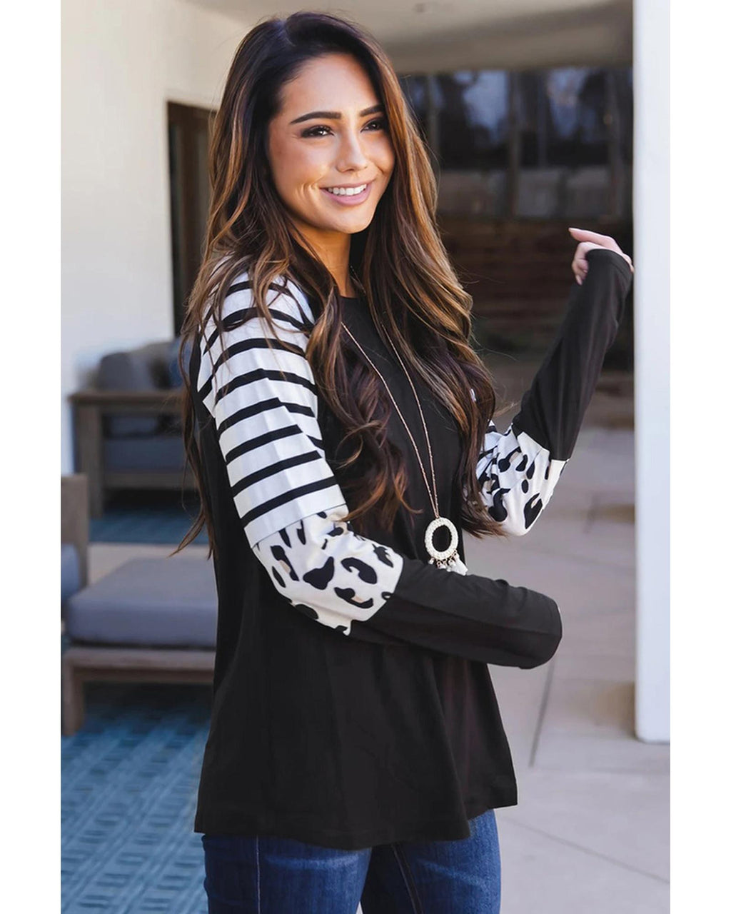 Azura Exchange Animal Print Colorblock Long Sleeve Top - XL