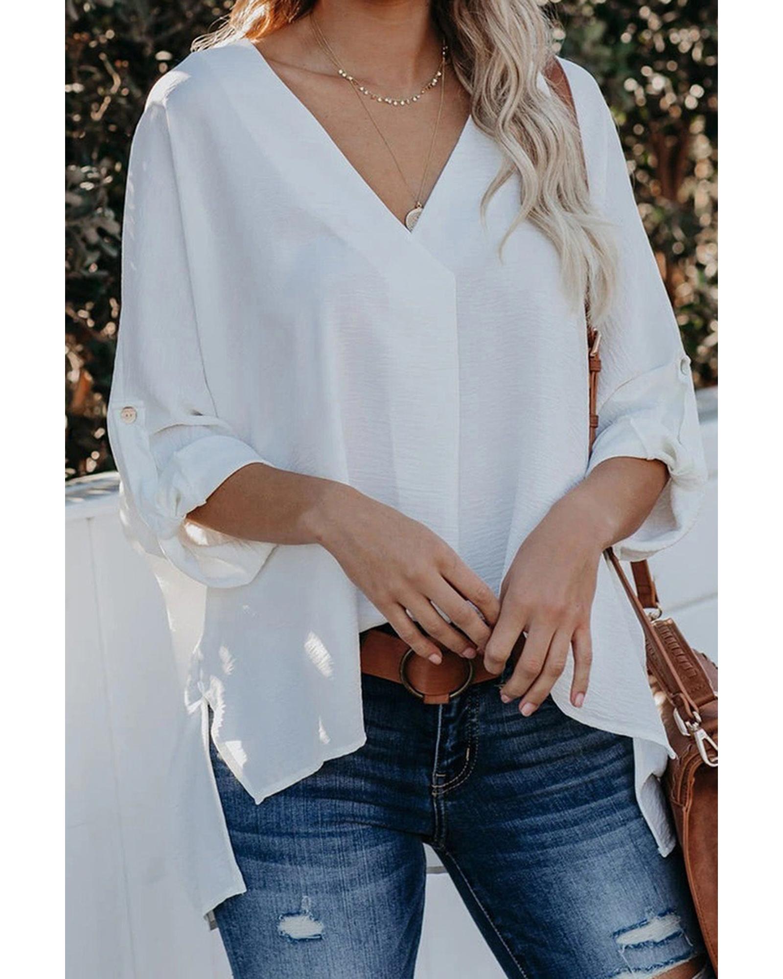Azura Exchange V Neck 3/4 Sleeve High Low Hem Shirt - S Main image