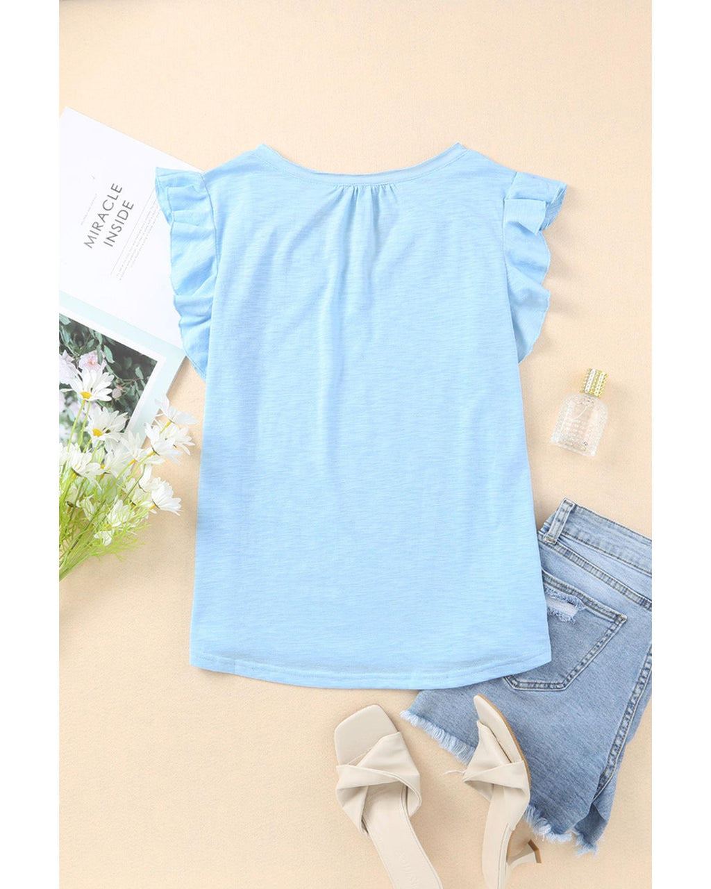 Azura Exchange Solid V Neck Butterfly Sleeve Tee - M