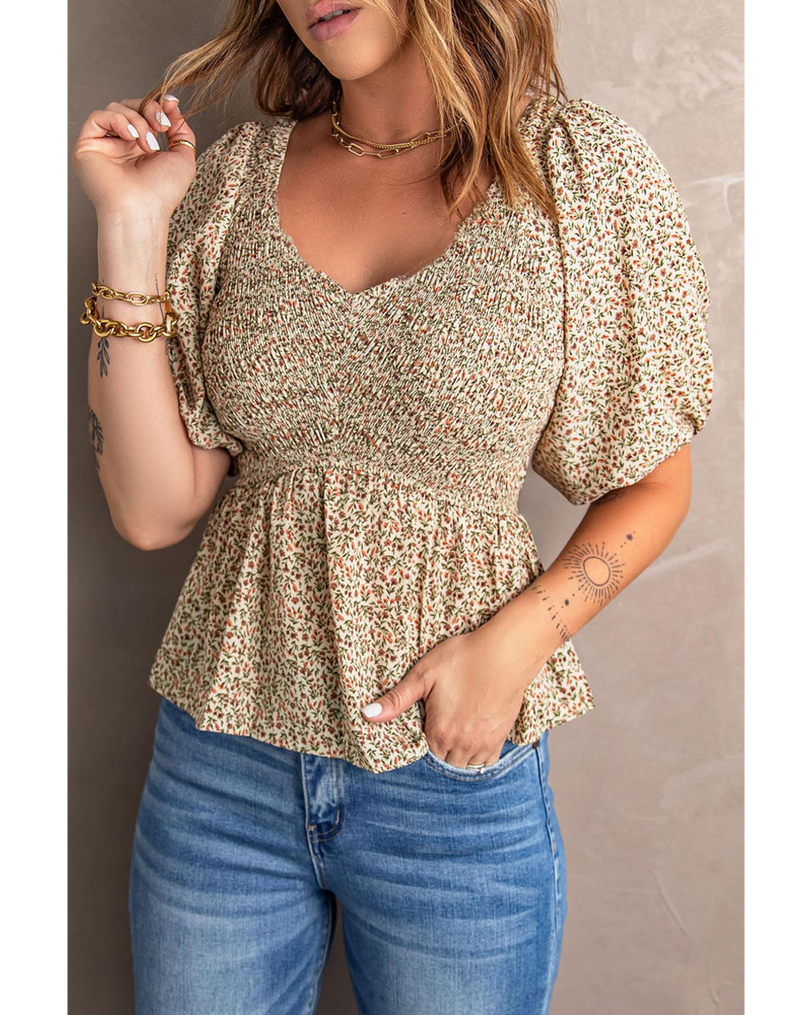Azura Exchange Puff Sleeve Smocked Top with Floral Print - S Main image