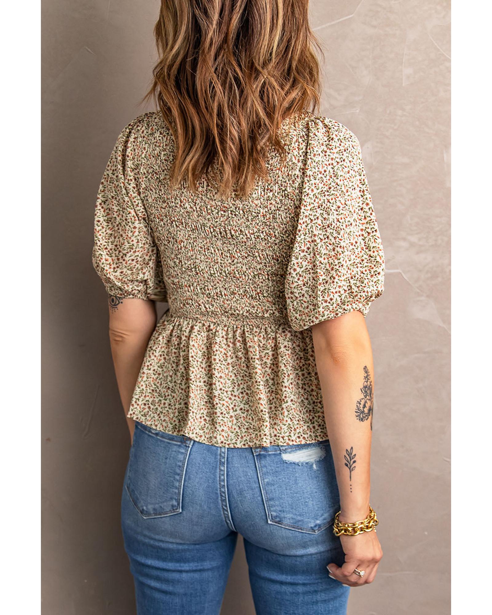 Azura Exchange Puff Sleeve Smocked Top with Floral Print - S Secondary image
