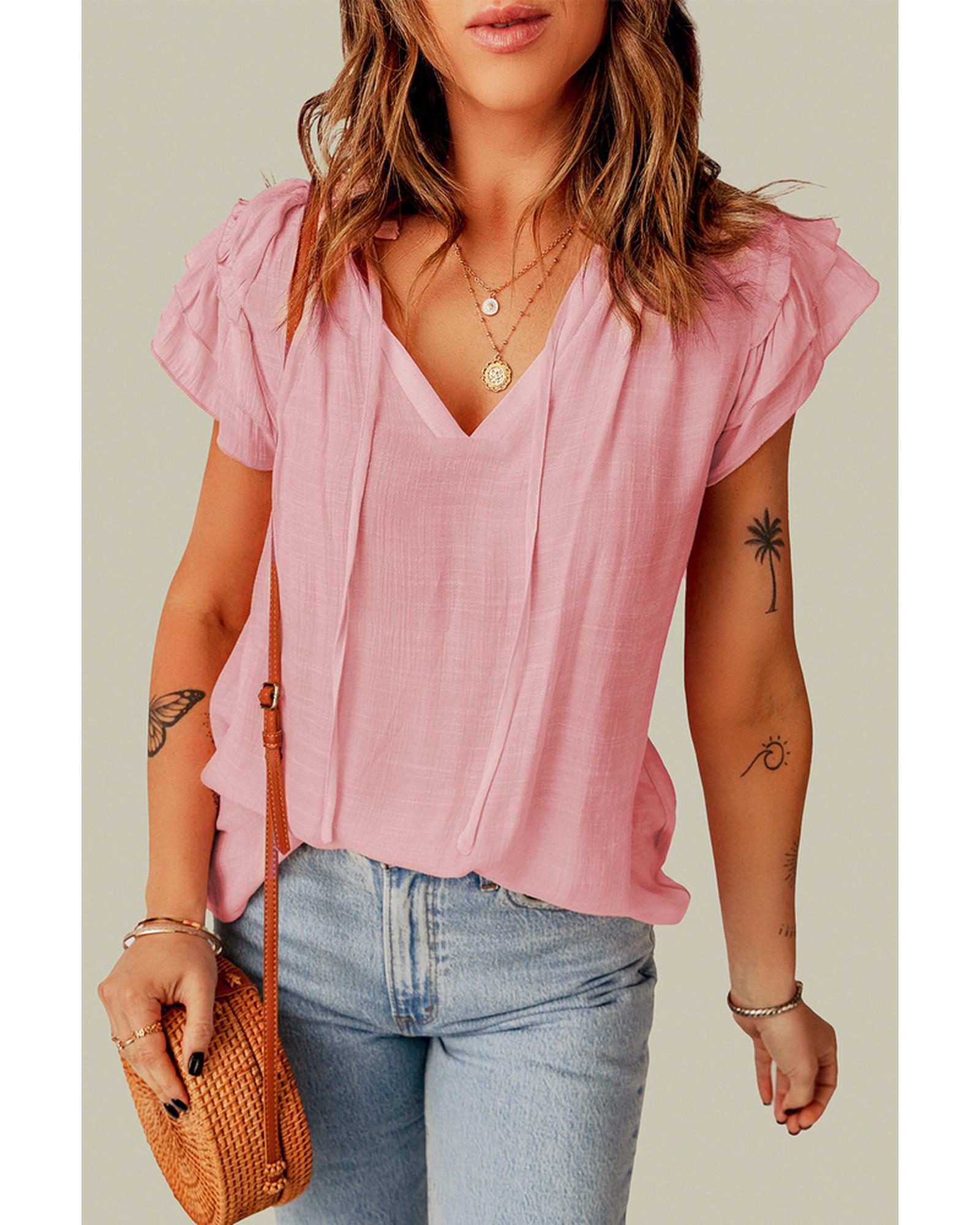 Azura Exchange Tiered Ruffled Drawstring V Neck Top - S Main image