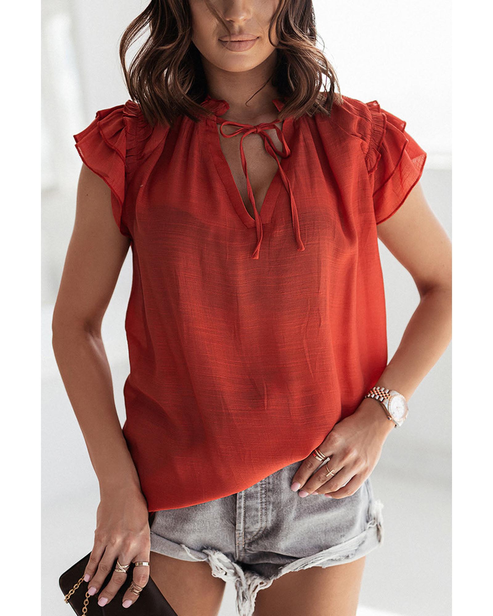 Azura Exchange Tiered Ruffled Drawstring V Neck Top - L Main image