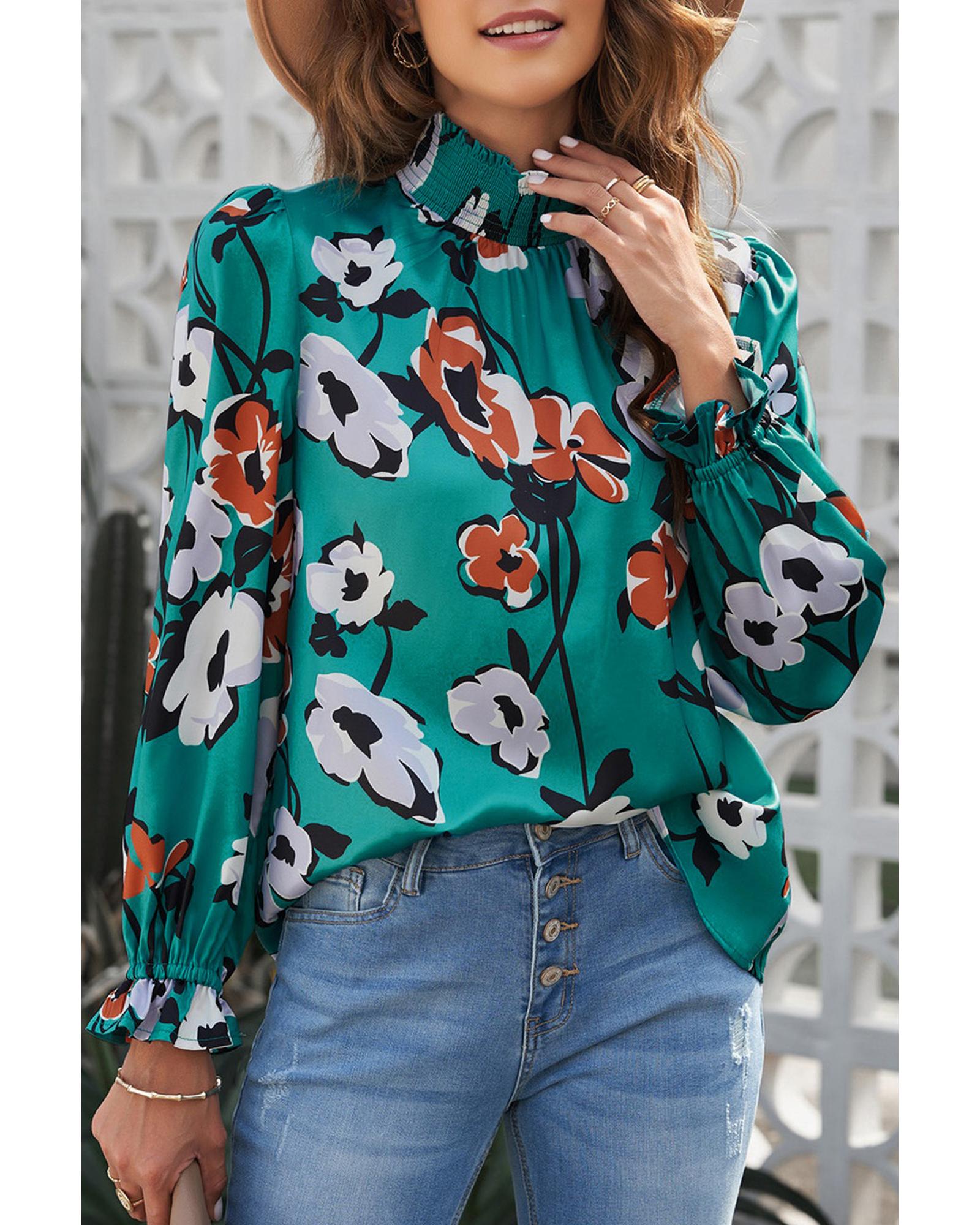 Azura Exchange Printed Smocked Mock Neck Blouse - M Secondary image