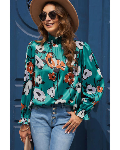 Azura Exchange Printed Smocked Mock Neck Blouse - S