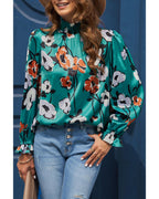 Azura Exchange Printed Smocked Mock Neck Blouse - S