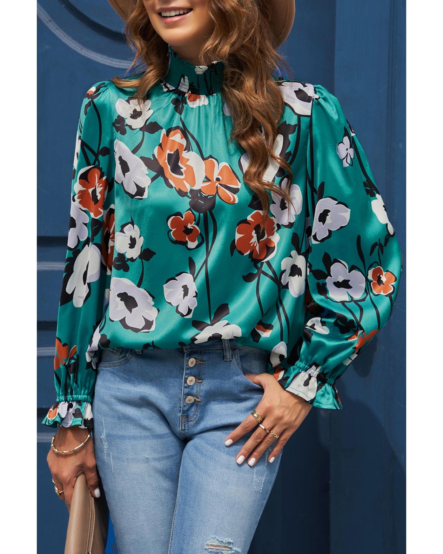 Azura Exchange Printed Smocked Mock Neck Blouse - S