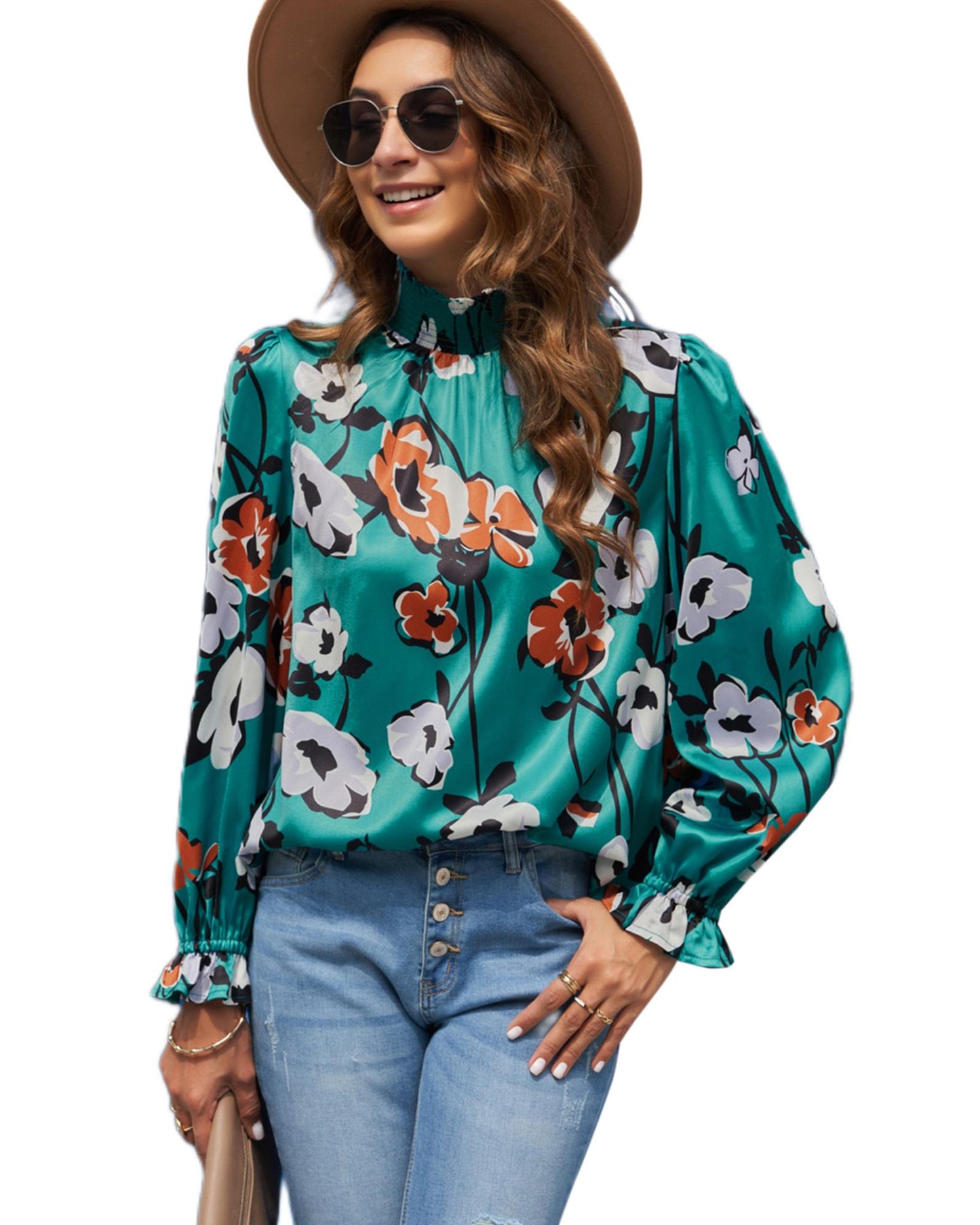 Azura Exchange Printed Smocked Mock Neck Blouse - S