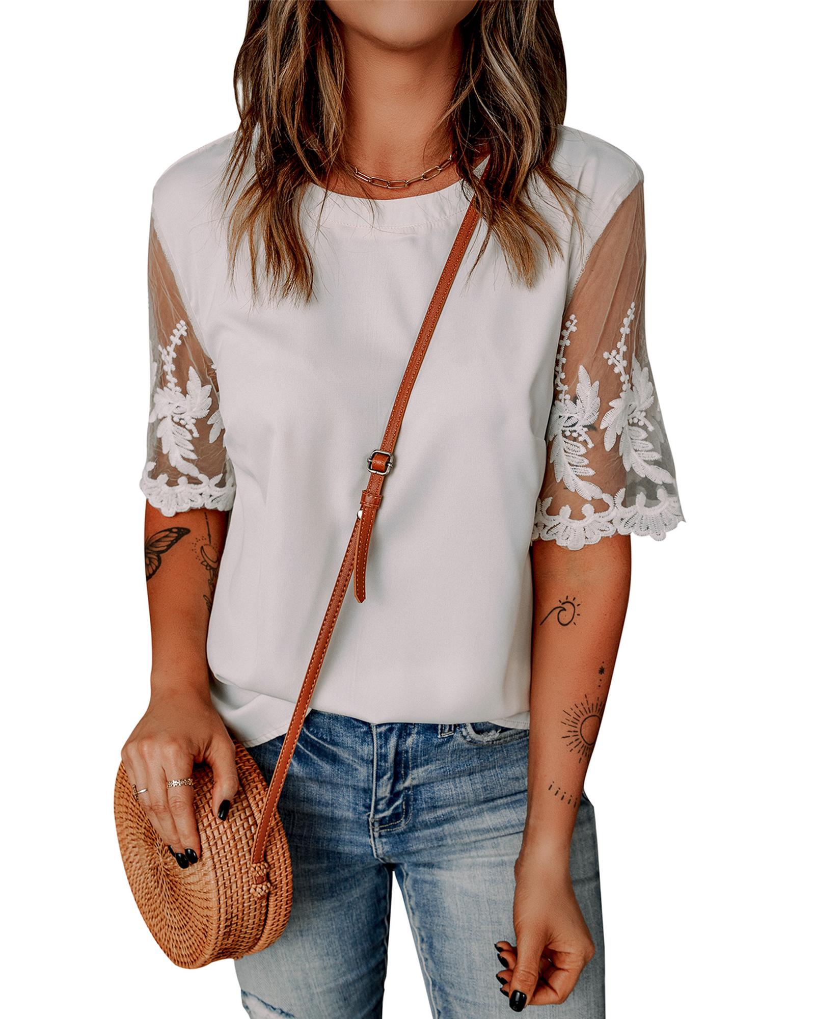 Azura Exchange Lace Sleeve Patchwork Top - L Secondary image