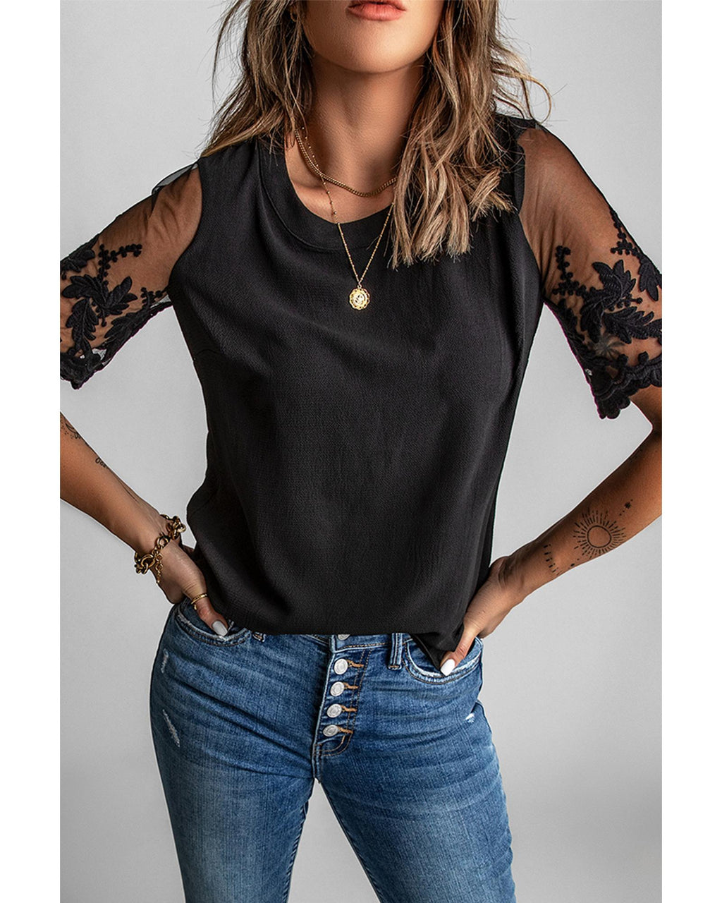 Azura Exchange Lace Sleeve Patchwork Top - S
