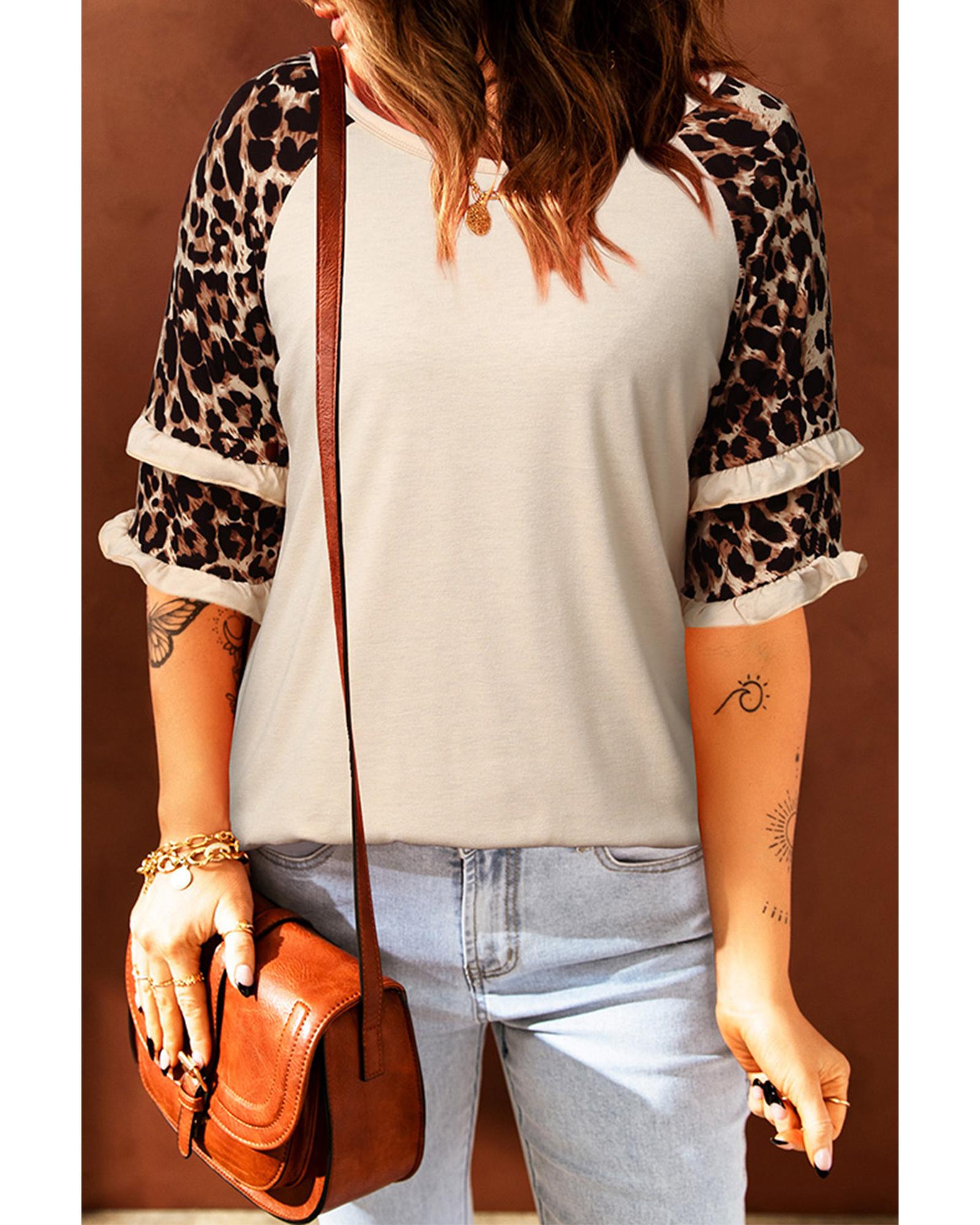 Azura Exchange Leopard Patchwork Ruffled Sleeve Top - S Main image