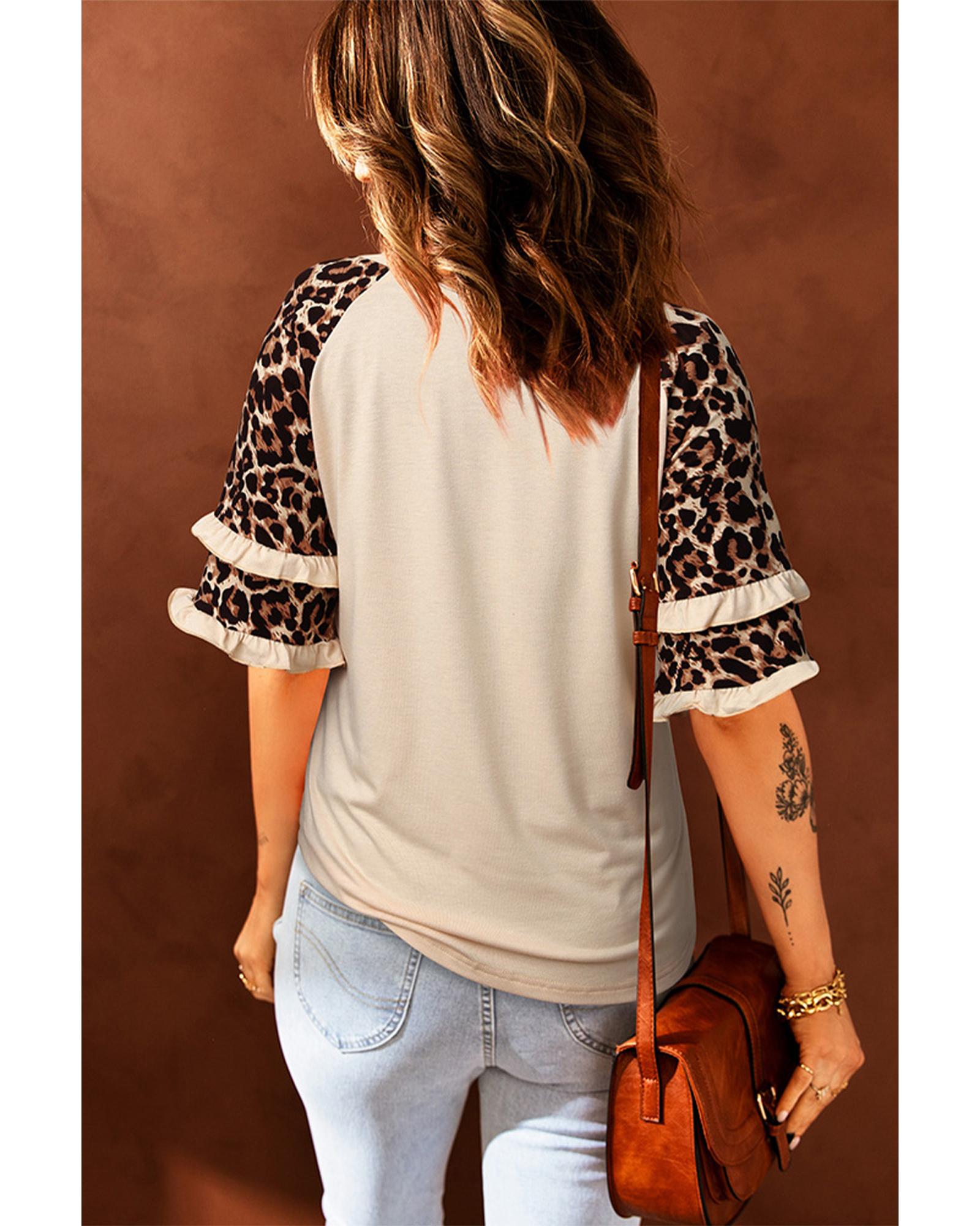 Azura Exchange Leopard Patchwork Ruffled Sleeve Top - S Secondary image