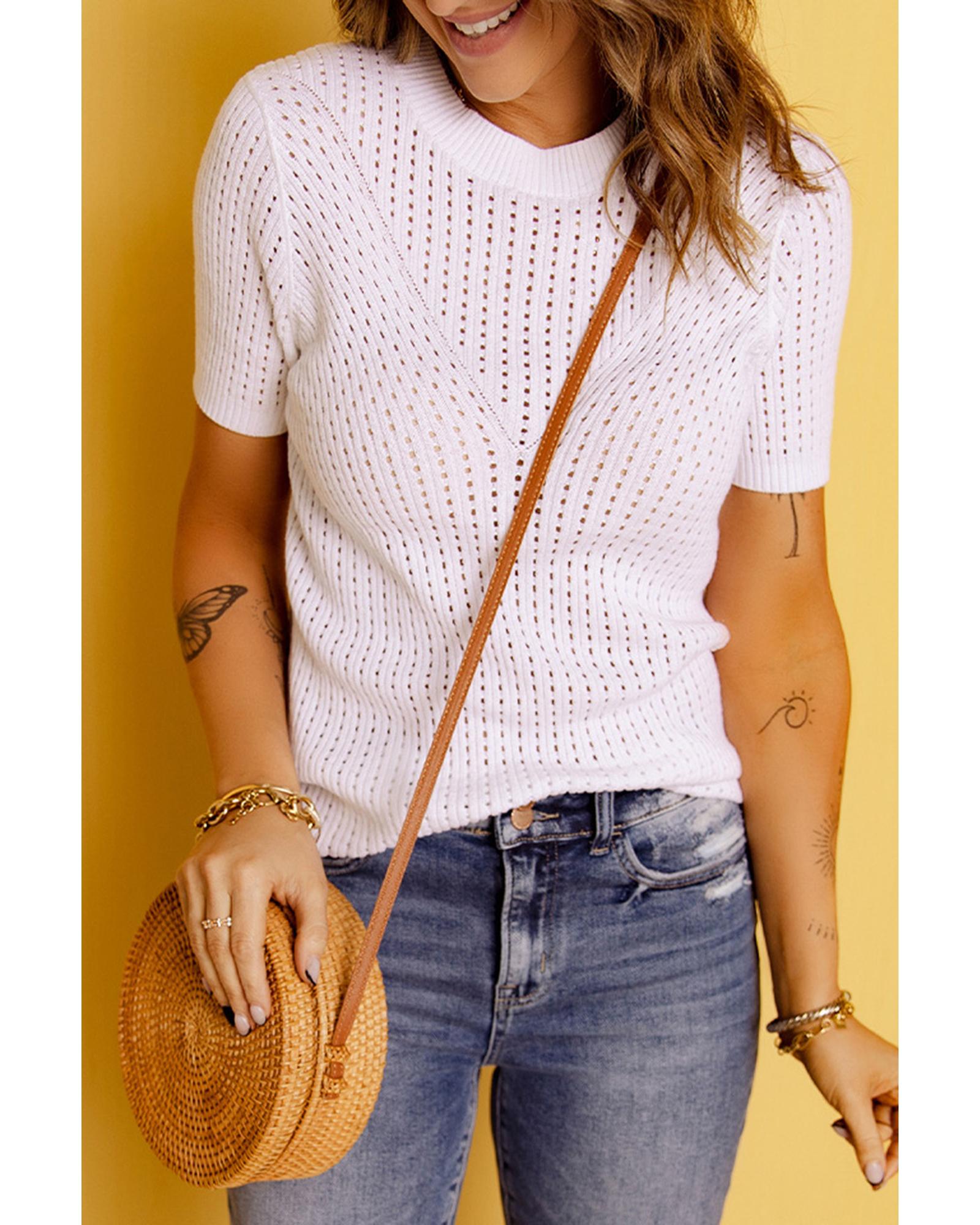 Azura Exchange Knitted Hollow-out Short Sleeve T Shirt - L Main image