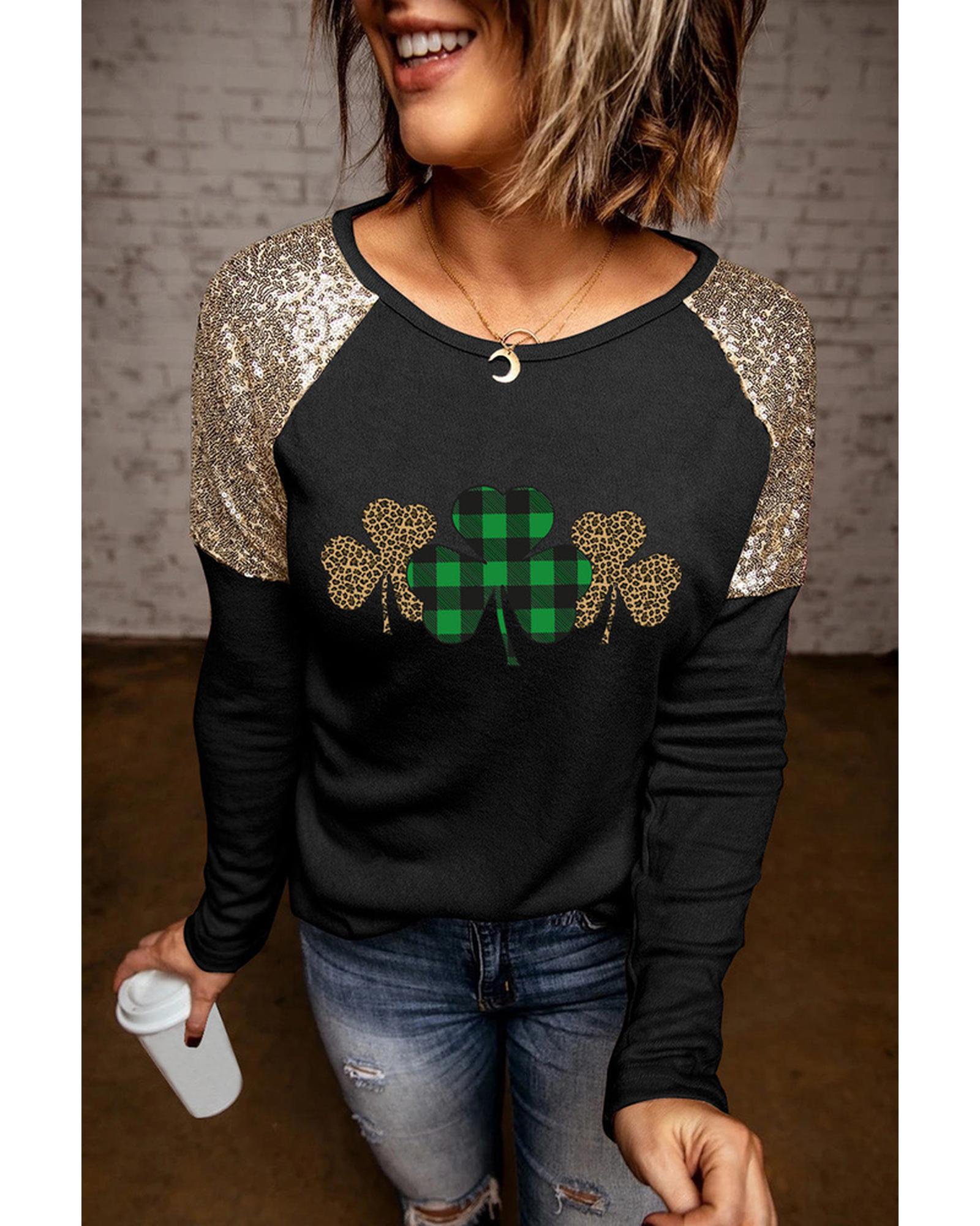 Azura Exchange Sequin Patchwork Plaid Leopard Long Sleeve Top - S